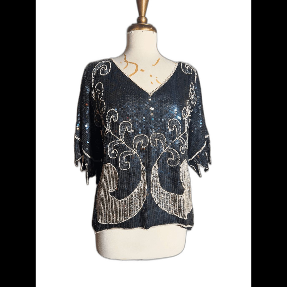 Vintage Sequined Blouse Size M 80's Showstopper Iridescent Mermaid Style Top
